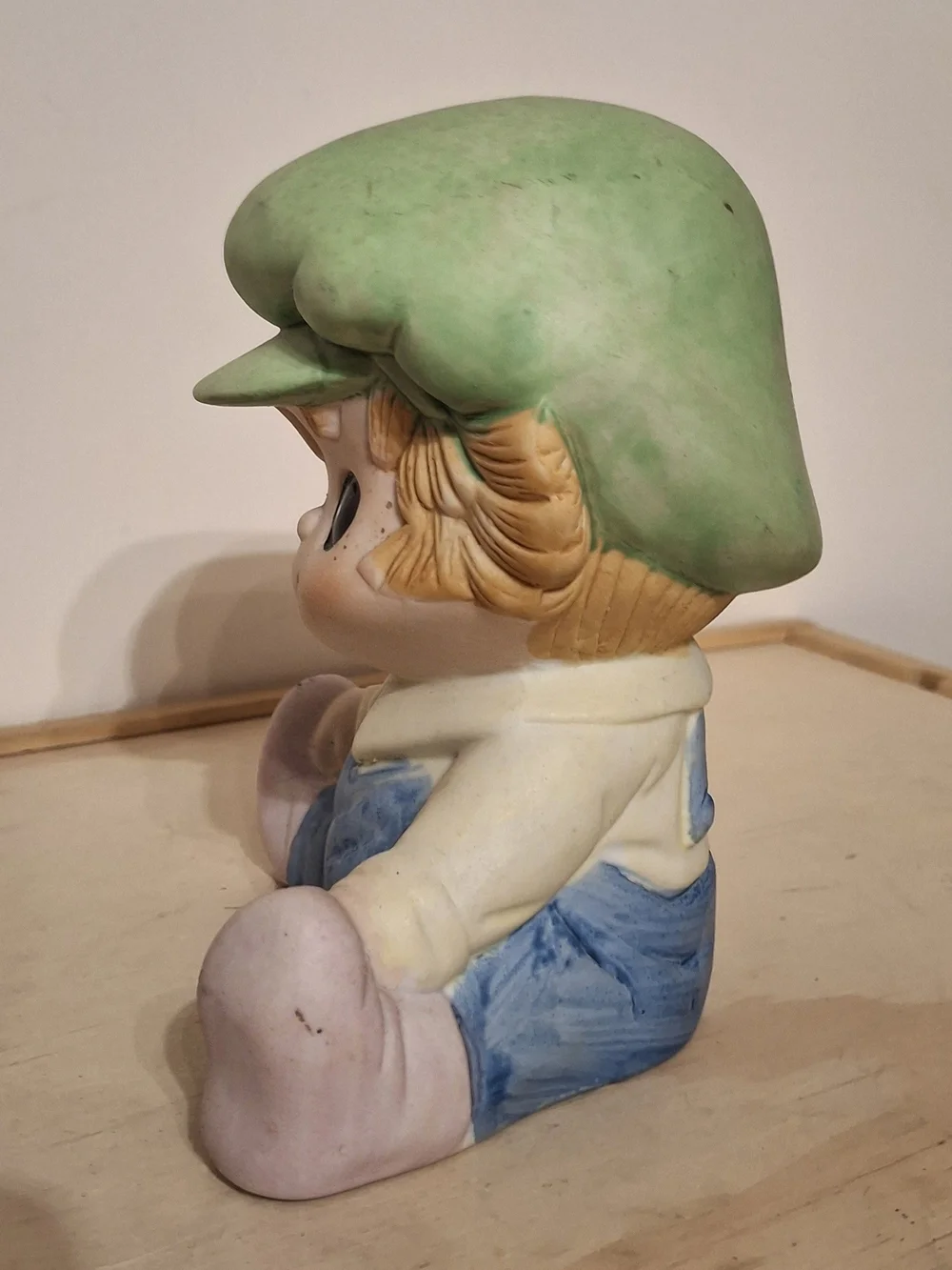 Vintage ceramic Interpur boy night light, green cap, blue overalls, works great